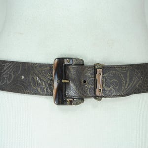 Boho Embossed Brown  Belt, Floral  Leather Belt for Women, Horn Effect Buckle, Rare VINTAGE Belt