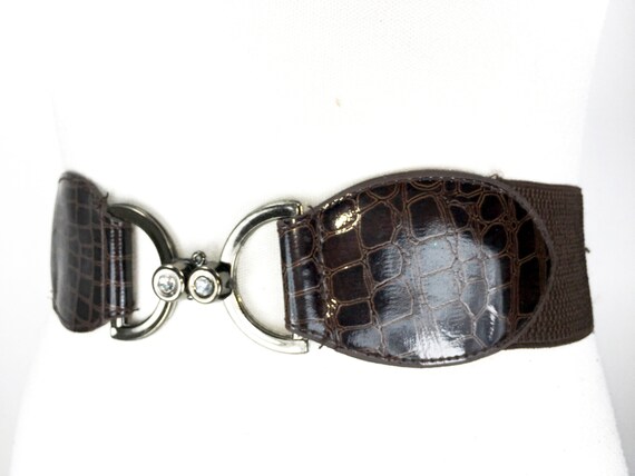 Wide Stretch Brown Belt, Patent Vegan Leather Bel… - image 6
