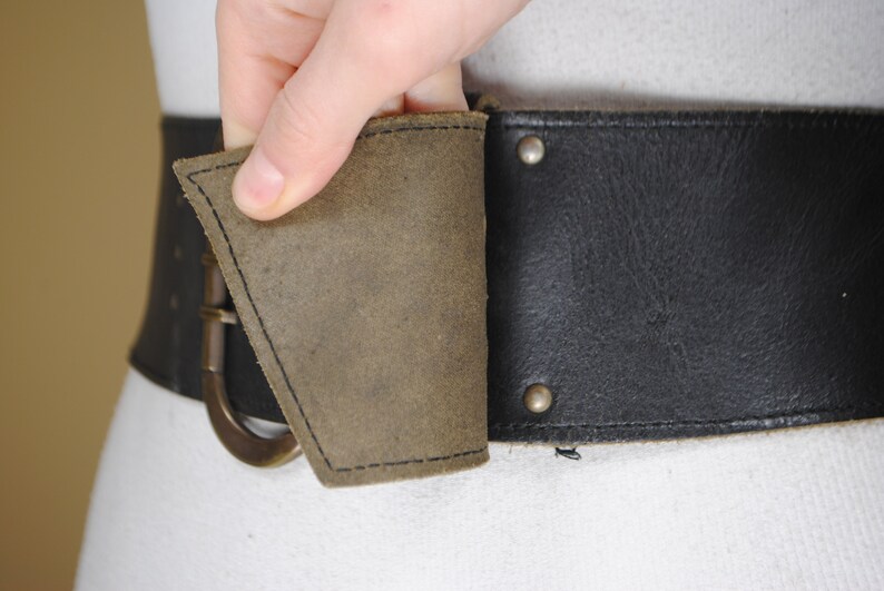 25-38/'/' Corset belt triple prong buckle 90s Wide Black Leather Belt for women with brass buckle