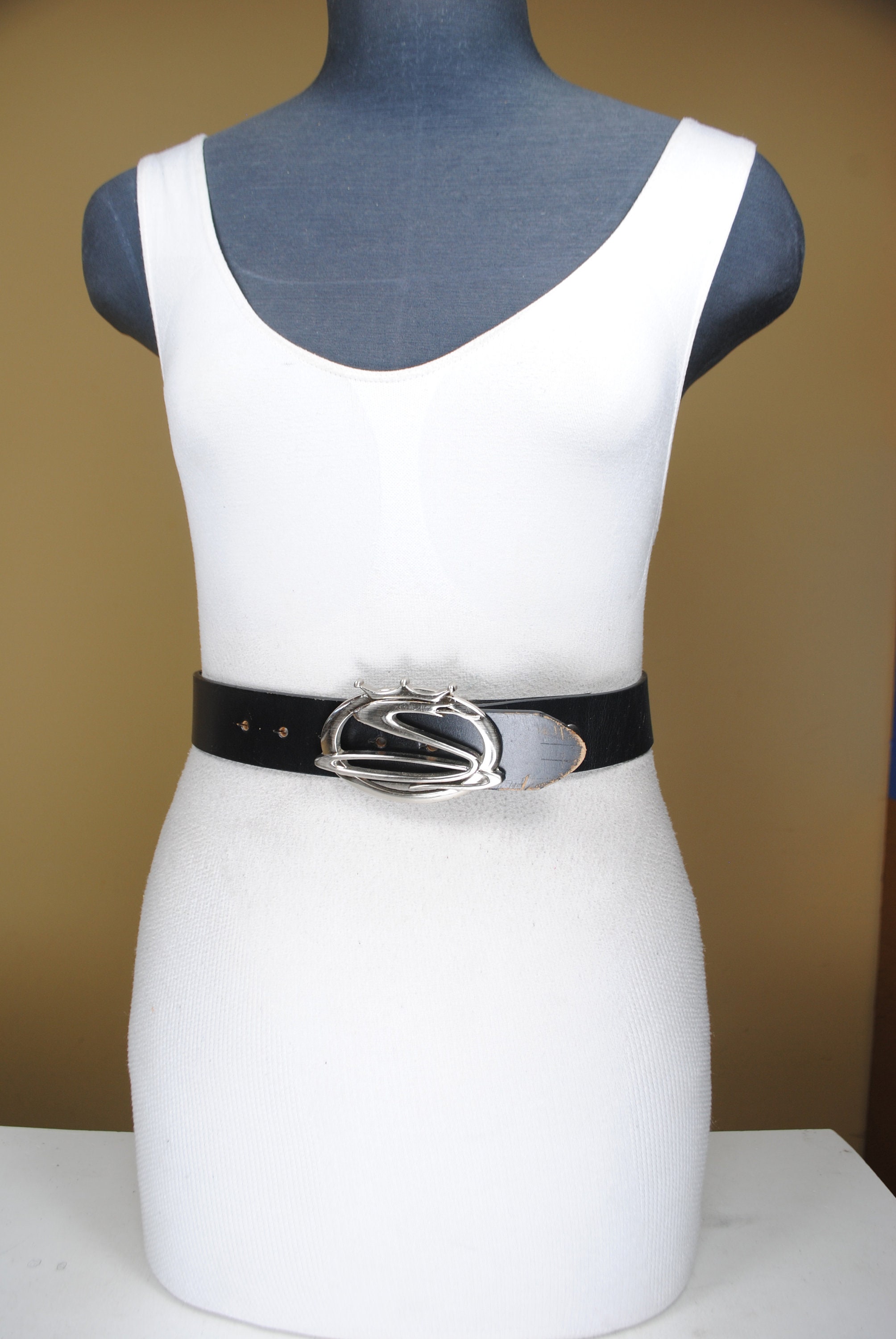Silver Snake Buckle Black Leather Belt, Thick Tough Leather  display picture 2