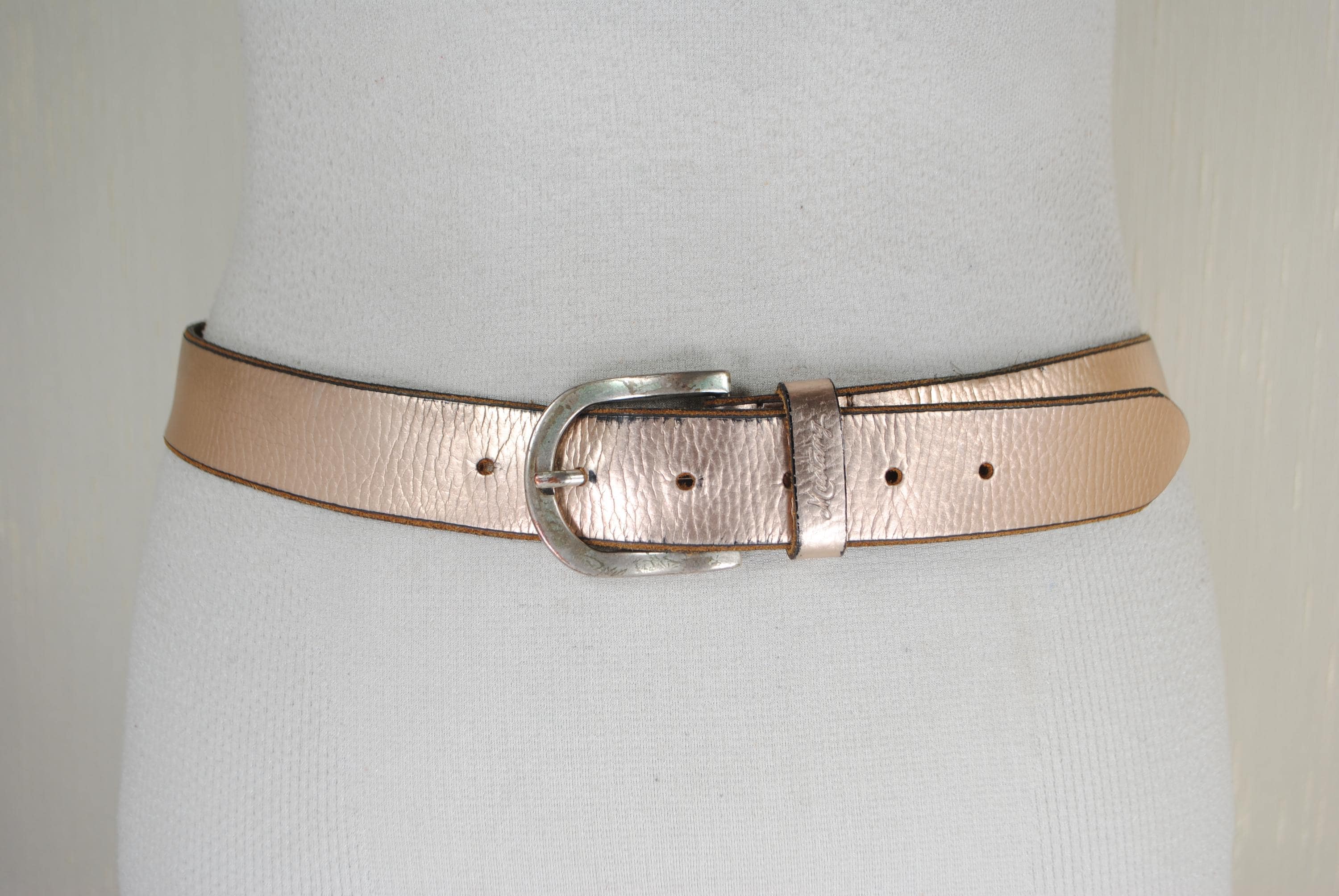 Vintage MUSTANG Belt, Rose Gold Metallic Leather Belt, Women 