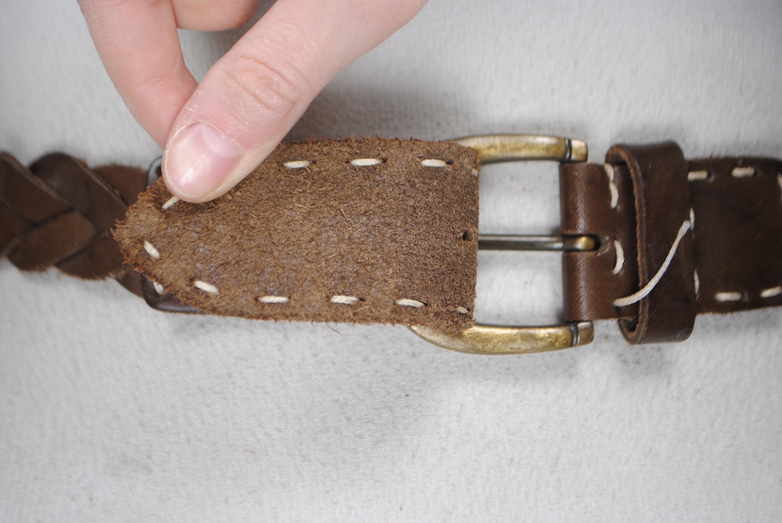 Western Braided Woven Brown Leather Belt Antiqued Brass Buckle Up to Size 31\