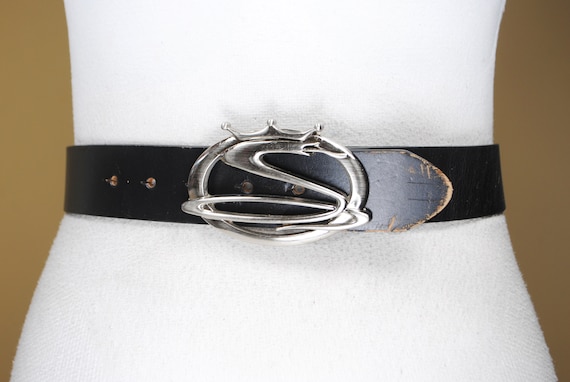Silver Snake Buckle Black Leather Belt, Thick Tough Leather  display picture 2