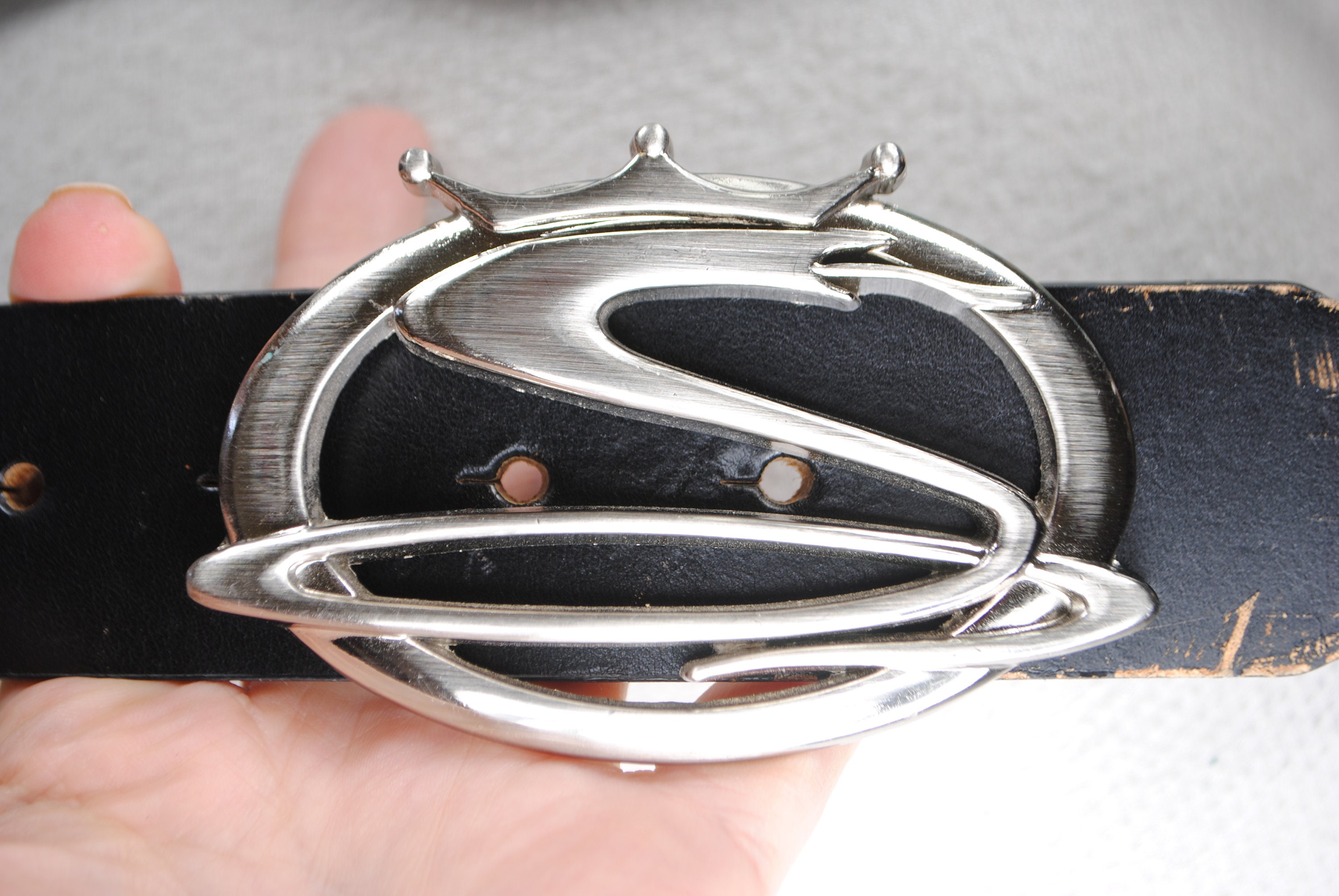 Silver Snake Buckle, Black Leather Belt for Women, Thick belt, 90s Vintage STREETS AHEAD BIG BUCKLE BELT- BLACK SNAKE – Maverick Fine  main image 4