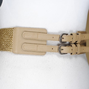 Wide Beige Woven belt, Y2K Vintage Boho Hip belt, Double Buckle, Taupe Vegan Leather, Women, Braided cord, Gift for Her, Size 36 37 38 39 40