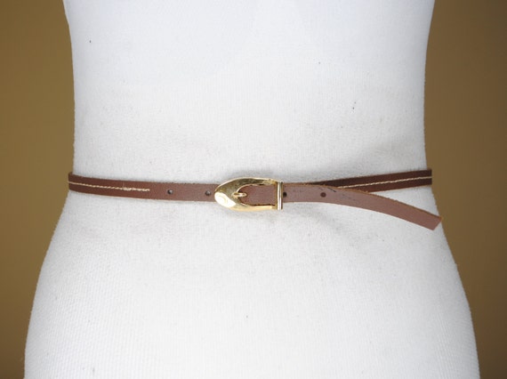 Skinny Brown Stitched Belt, Gold Buckle, 70s Vintage Belt  display picture 1