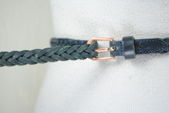 Skinny Blue Braided Belt, Woven Navy blue Leather… - image 8