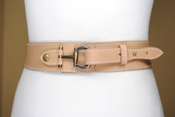 Wide Tan Leather Belt for Women, Horse Bit Brass … - image 5