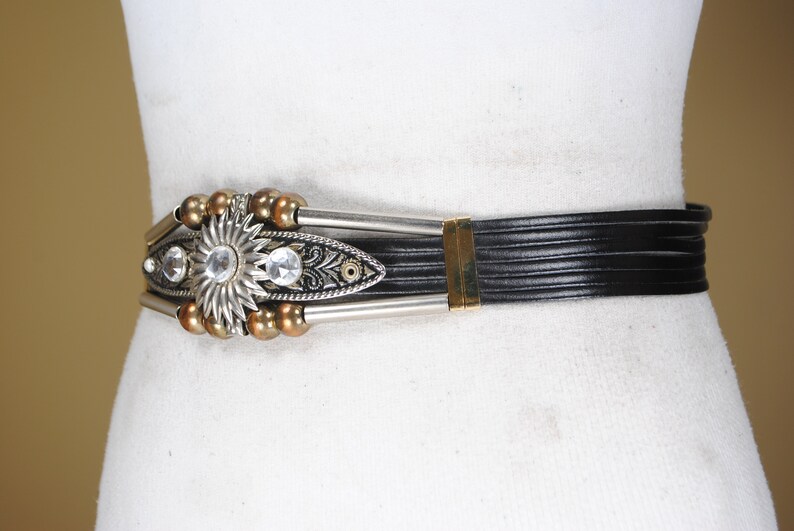 Ancient Egypt style belt 32-33 Vintage Black and Gold Silver Metallic belt for women Engraved bling belt cosplay festival belt