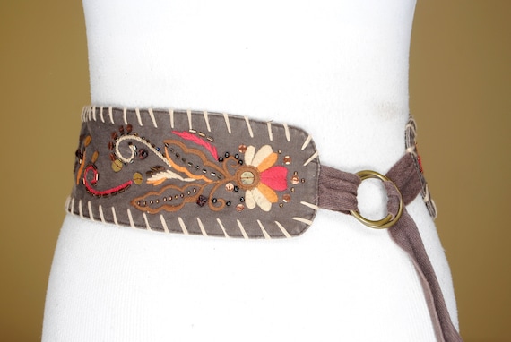 Brown Faux Suede Floral Embroidered Wrap Belt Scalloped Edge Tassel Tie Boho Ivy Wrap Belt | Free People main image 3