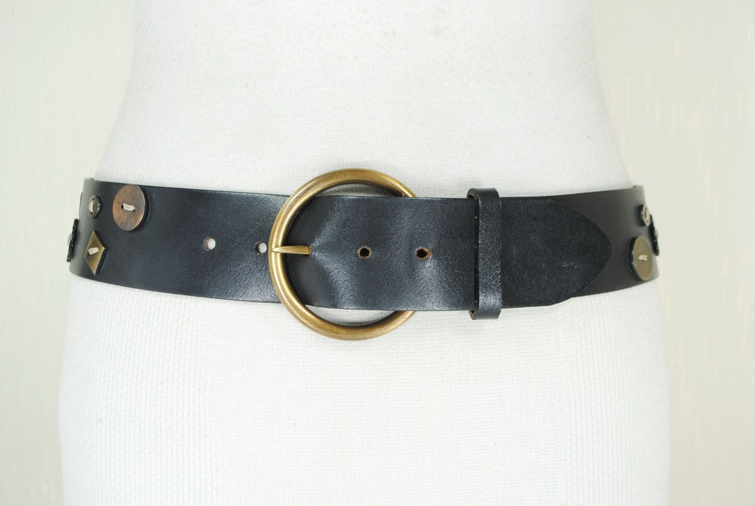 Wide Black Leather Belt, Boho Vintage Hip Belt, Concho  display picture 1