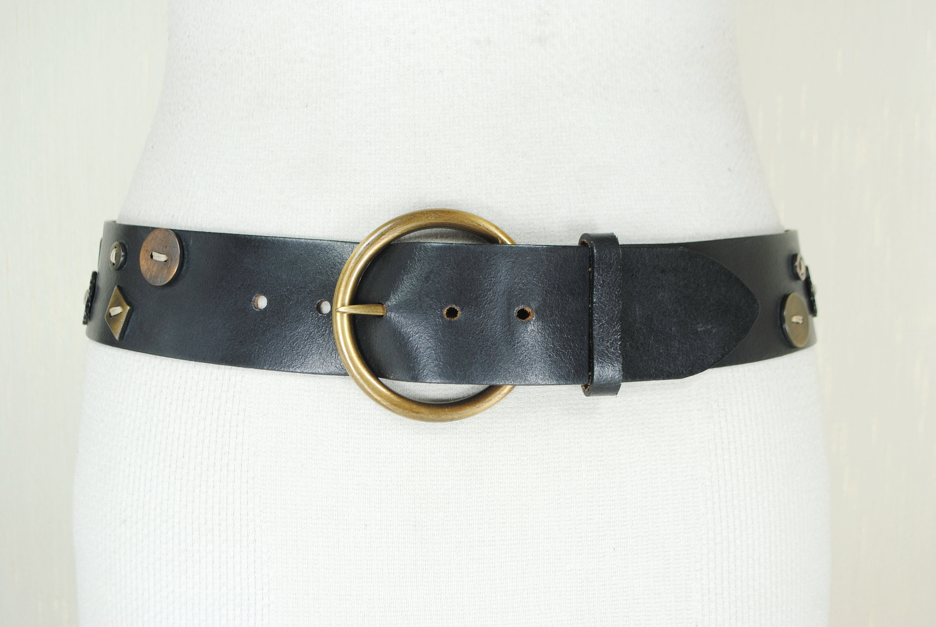 Unisex Vintage-Inspired Black Vegan Leather Belt Brass Concho Studs Chain Hip XL Black Size XL Concho Belt Belts for Women for sale | eBay main image 3