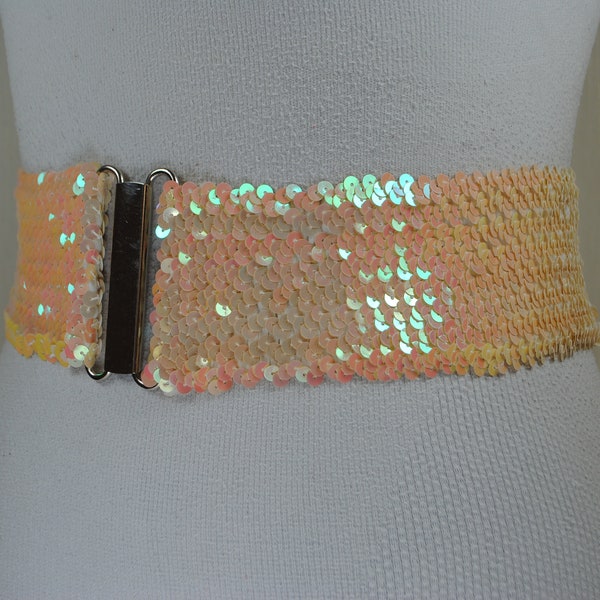 Wide Sequin Stretch Belt for Women, Peach Sparkly Glitter Elastic Corset, Silver Buckle, Vintage Y2K Glam belt