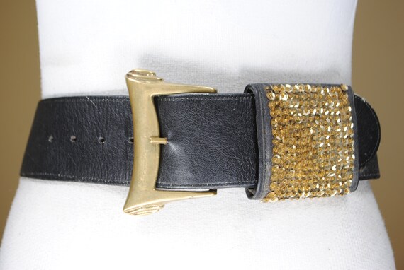 Wide Black leather belt, Mob Wife Glam, Gold Sequ… - image 3