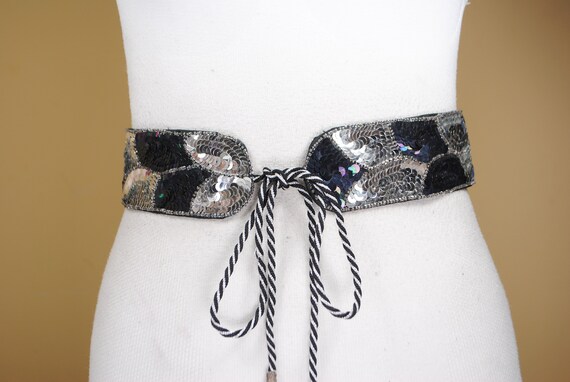 Black Silver Sequin Belt, Great Gatsby Tie Up Bel… - image 5