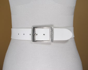 Witte leren riem, ESPRIT riem, zilveren gesp, unisex riem voor jeans, vintage accessoires