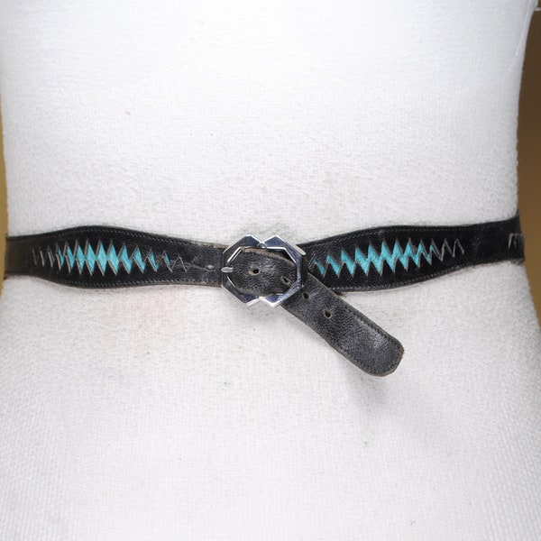 Skinny Black Leather Belt, 50s Distressed Vintage Belt, Women, Cut out Turquoise Belt, Silver Buckle, One of kind, Size 28 29 30 31 Waist