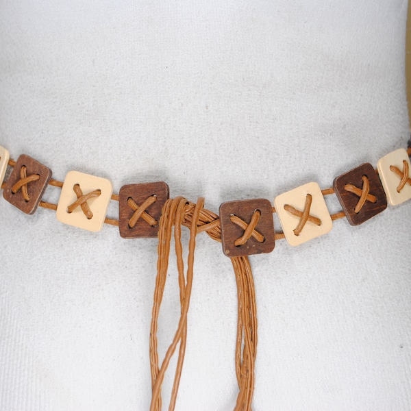 Brown fringe belt, Beige Wood Belt for Women, Woven lace up belt, Vintage Boho Hippie belt, Rare find, Festival Accessories