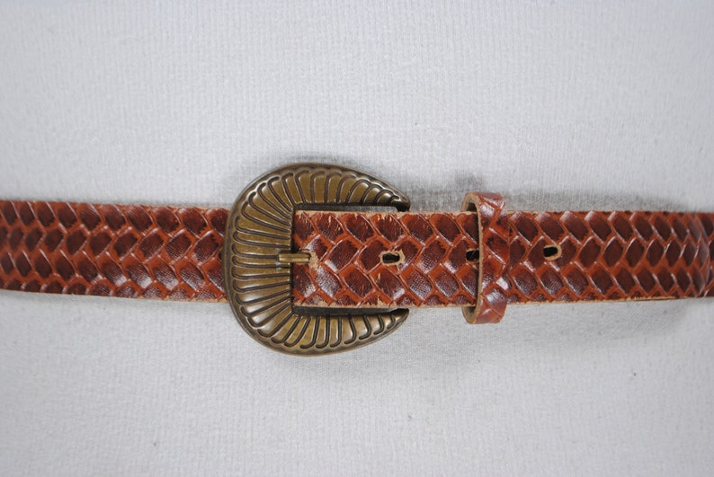 Distressed leather belt 70s 29-32 Brown Cognac Embossed Leather Belt for Women with Carved Brass Buckle