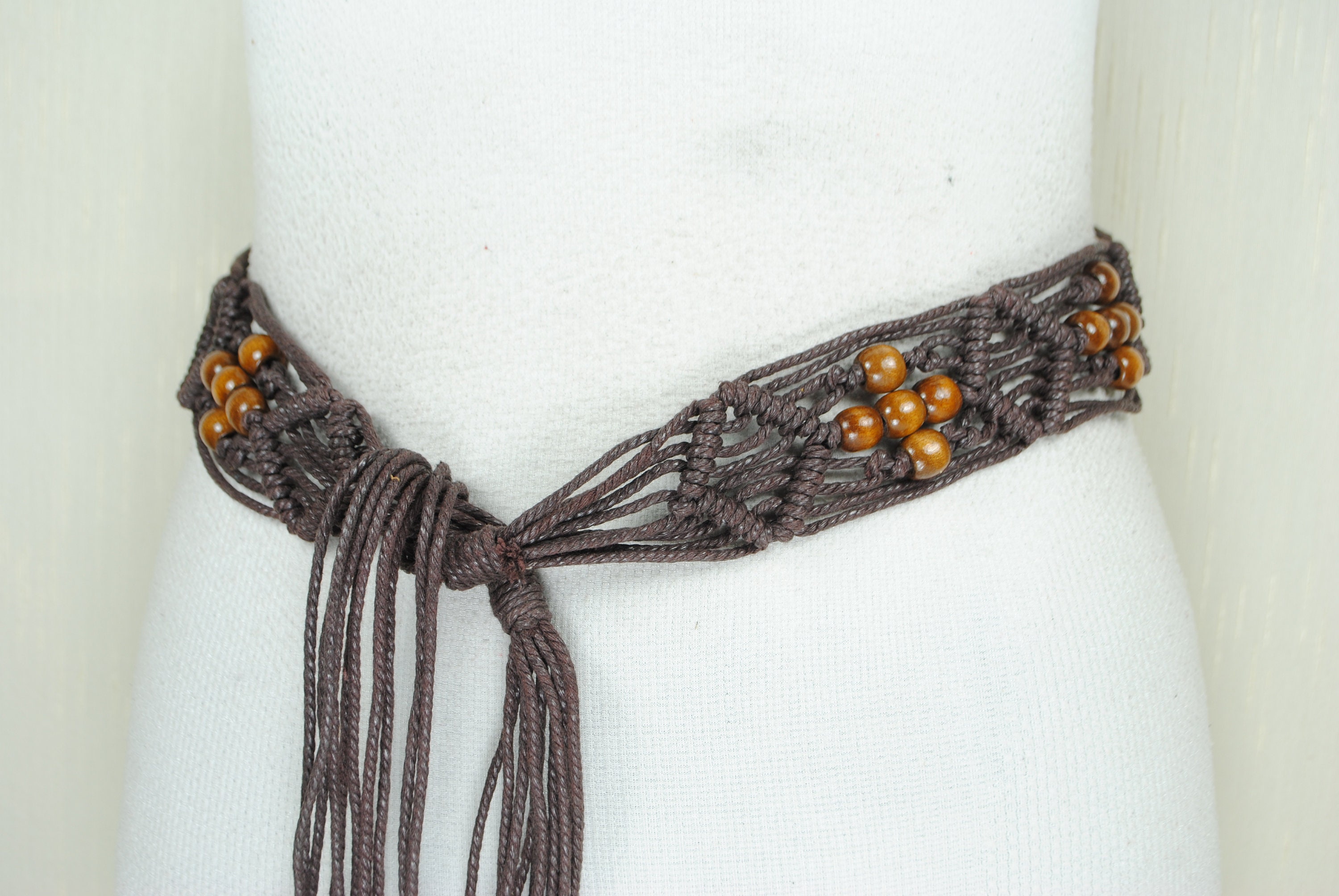 Brown Woven Tie up Belt With Wood Beads. Hand Made Macrame  display picture 1