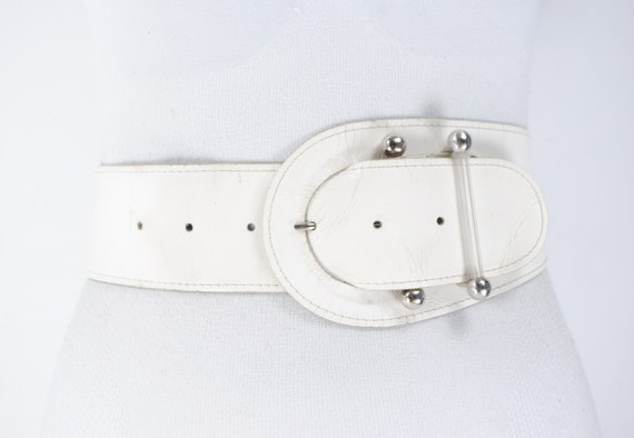 80s Wide White Leather Belt for women. Unique Cors