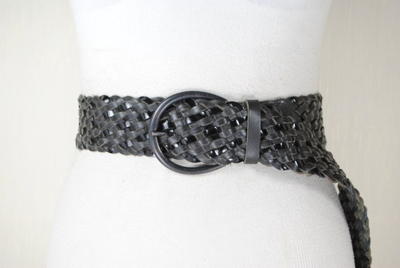 Wide Woven Leather Belt With Large Oval Silver Buckle Western Woven Belt - Black Leather With Silver Buckle main image 3