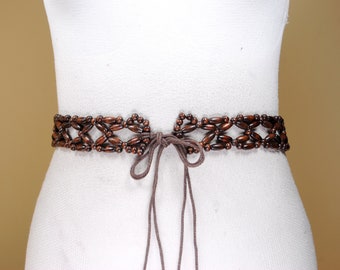 Bruine houten riem voor dames. Houten kraal geweven riem, vintage Boho hippie riem