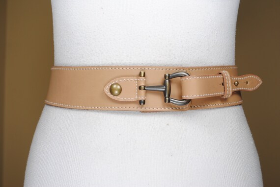 Wide Tan Leather Belt for Women, Horse Bit Brass … - image 4