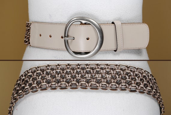 Taupe Braided Leather Belt, Boho , 90s Vintage Wide Beige  display picture 2