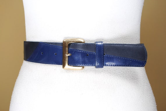 Vintage Navy Wide Belt with Gold Buckle women’s Ladies Wide Blue Gold Buckle Stretch Belt - Vintage 80 main image 4