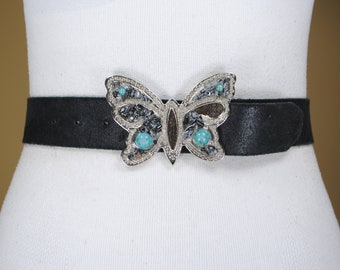 Turquoise strass vlindergesp, zwarte leren riem voor dames