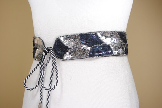 Black Silver Sequin Belt, Great Gatsby Tie Up Bel… - image 6