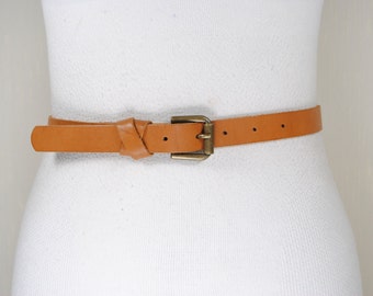 Skinny Brown Leather Belt for Women. Brass Buckle, Vintage Belt for Jeans