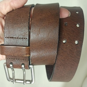 Brown Thick Leather Belt, Double Prong Buckle, VINTAGE, Silver Metal Buckle,  Belt for Jeans, Unisex Accessories, Size 32 33 34 35 36 37
