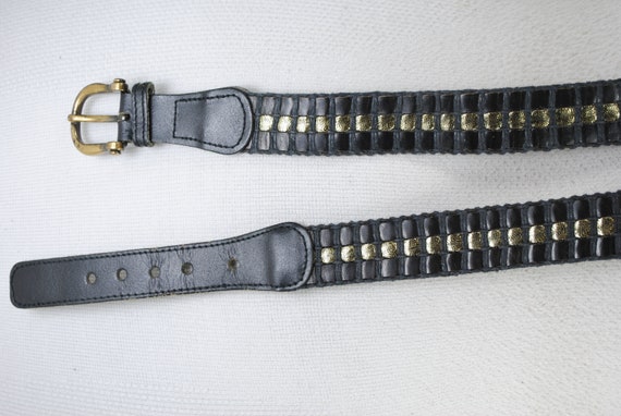 Black Gold Leather Belt, Vintage Woven Belt for W… - image 8