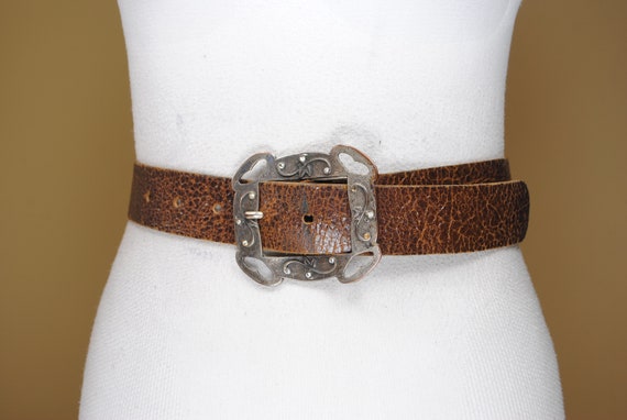Brown Leather Women\'s Belt with Decorative Silver Buckle Size 34 Buy Tan Leather Western Belt With Silver Buckle  main image 2