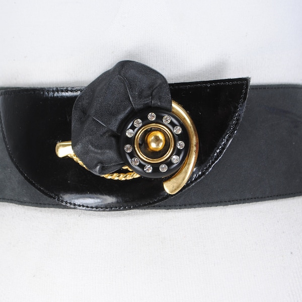 1980s Vintage Corset Belt. Black and Gold Suede leather Belt for women, Asymmetrical Unique belt