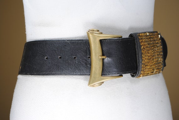 Wide Black leather belt, Mob Wife Glam, Gold Sequ… - image 2
