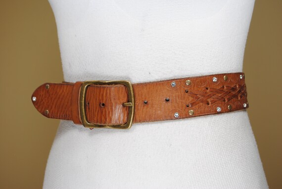 Tan Brown Braided Belt, Wide Embossed Leather bel… - image 7