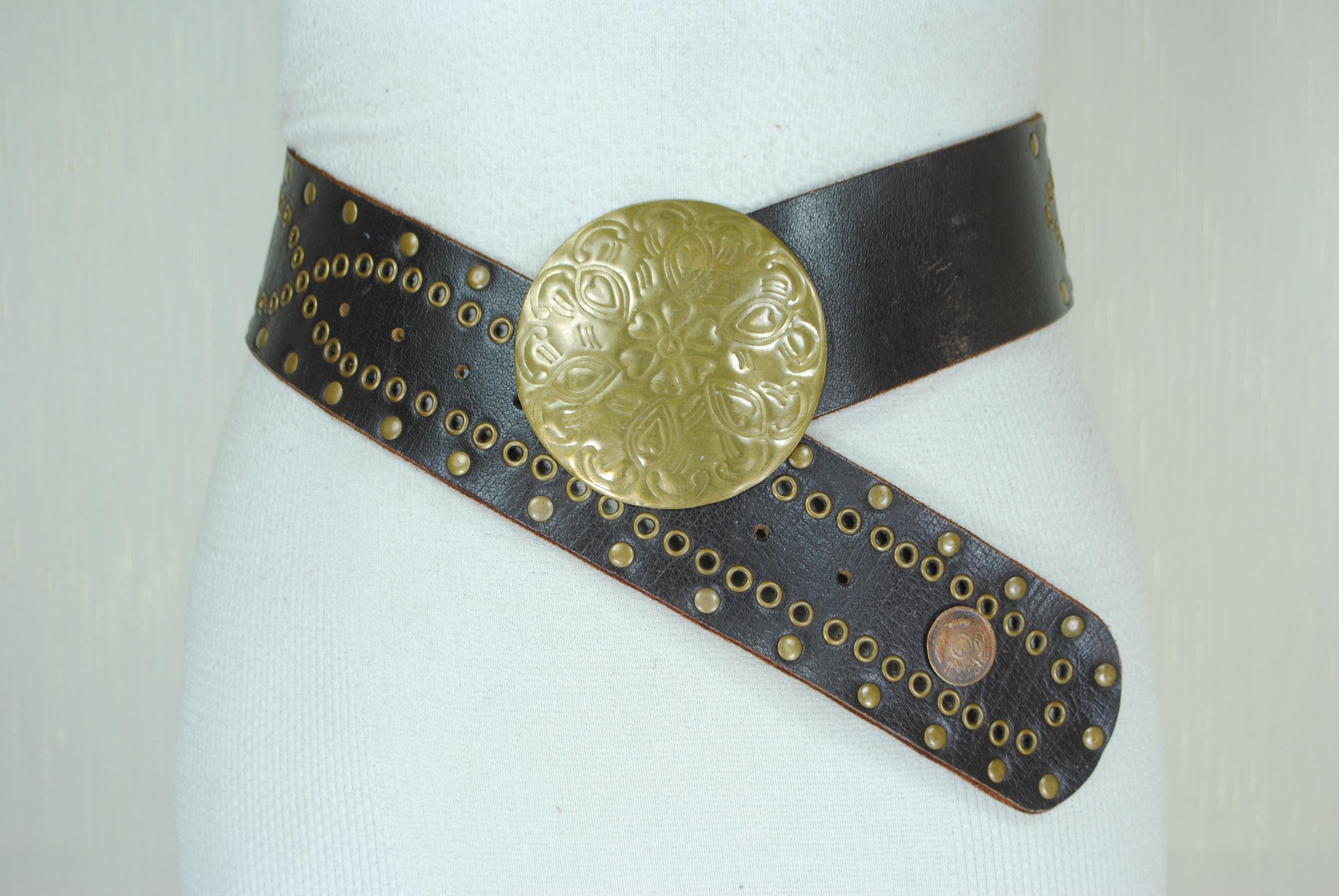 Wide Brown Riveted Moroccan Belt, Vintage Brass Studded Belt  display picture 1