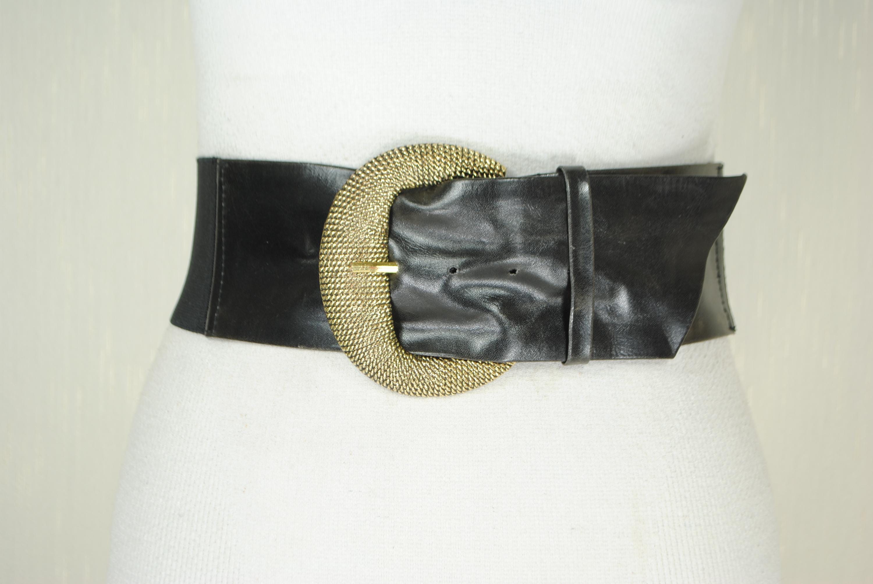 Oversized Black & Gold Chain Buckle Corset Statement Belt Big Gold Buckle Corset Belt | Womens Black Leather main image 2