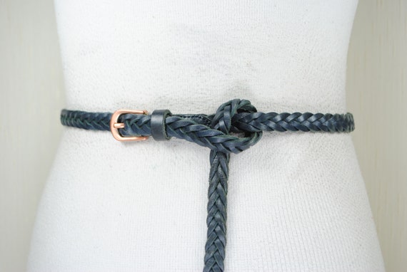 Skinny Blue Braided Belt, Woven Navy blue Leather… - image 4