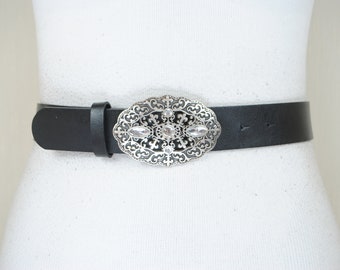 Black Leather Belt for Women, Silver Carved Buckle, Vintage Accessories, Belt for Jeans, Rhinestone Embellished Buckle