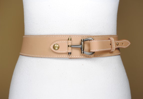 Wide Tan Leather Belt for Women, Horse Bit Brass … - image 1