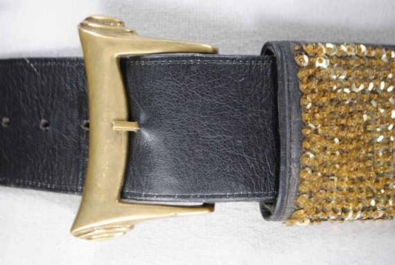 Wide Black leather belt, Mob Wife Glam, Gold Sequ… - image 9