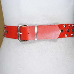Red Punk Studded Belt for Women. Red Leather Unsex belt. Row Cone Studded Leather Belt, Vintage Accessories, Size 29 30 31 32 33