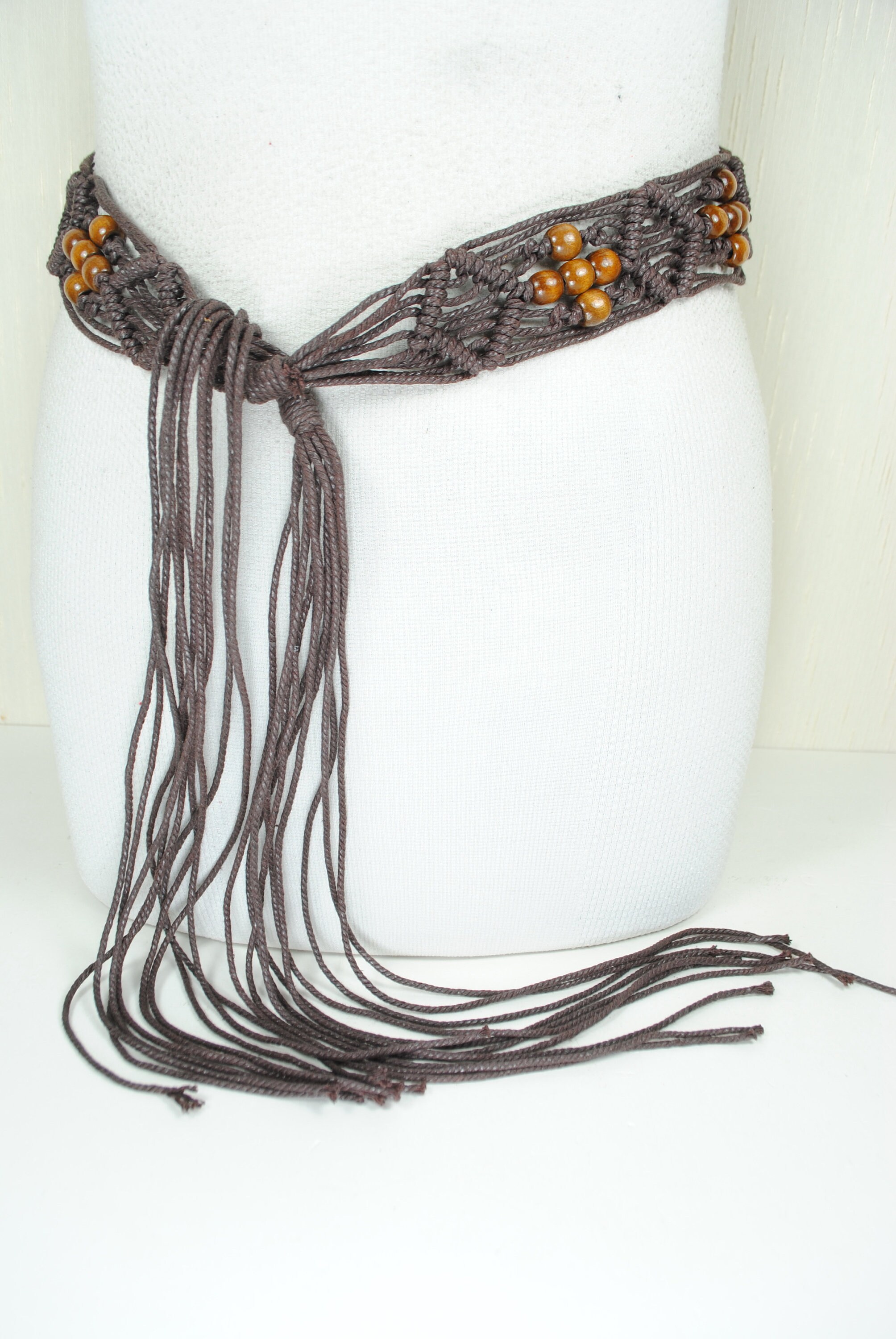 Brown Woven Tie up Belt With Wood Beads. Hand Made Macrame 