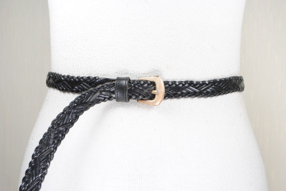 Skinny Black Braided Genuine Leather Belt, Vintage Women display picture 1