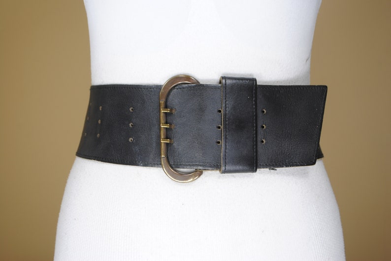 25-38/'/' Corset belt triple prong buckle 90s Wide Black Leather Belt for women with brass buckle