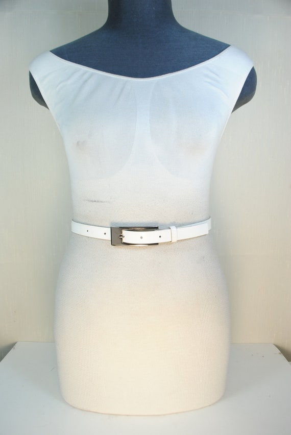 Skinny White Patent Belt, Genuine leather Y2K Bel… - image 3